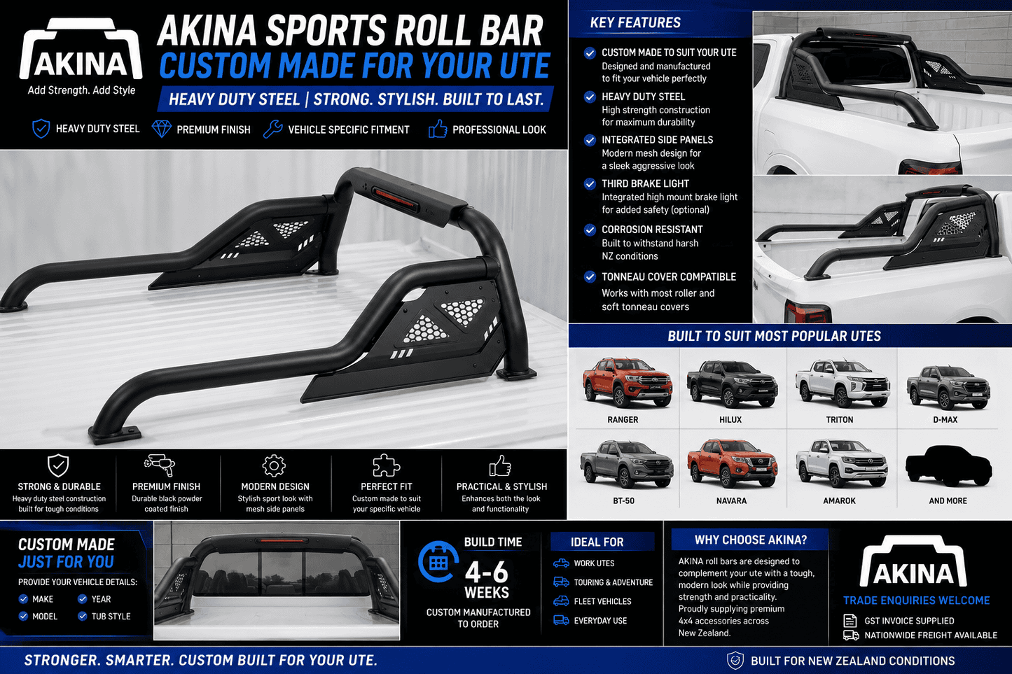 Universal Roll Bar | Custom Made For Your Ute | Ranger Hilux Triton D-Max BT50