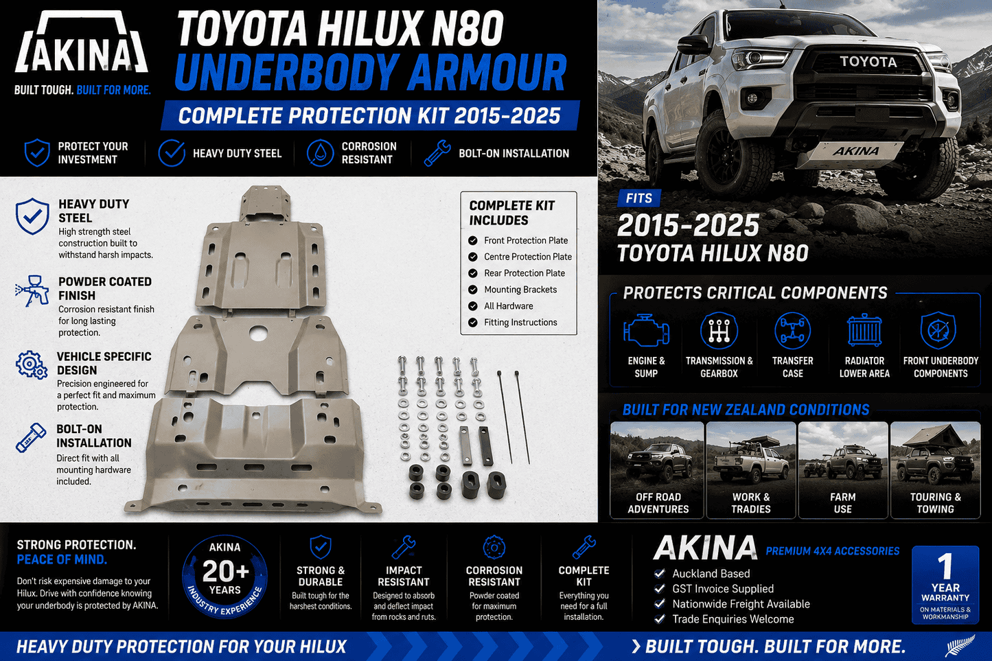 AKINA Heavy Duty Underbody Armour Kit Toyota Hilux N80 & Toyota Fortuner 2015-2025