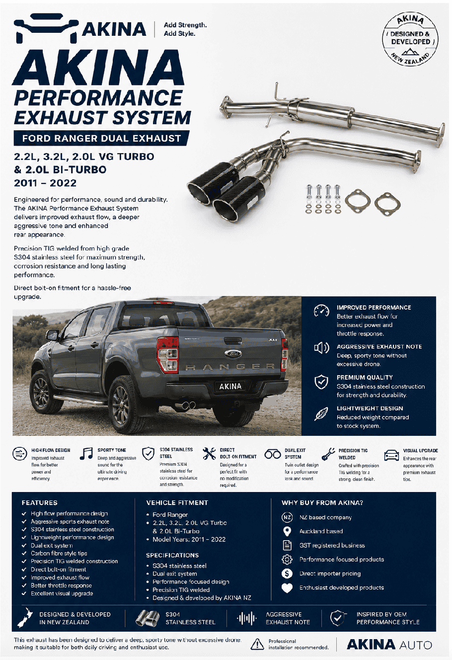 AKINA Performance Exhaust System - Fits Ford Ranger (2011–2022)