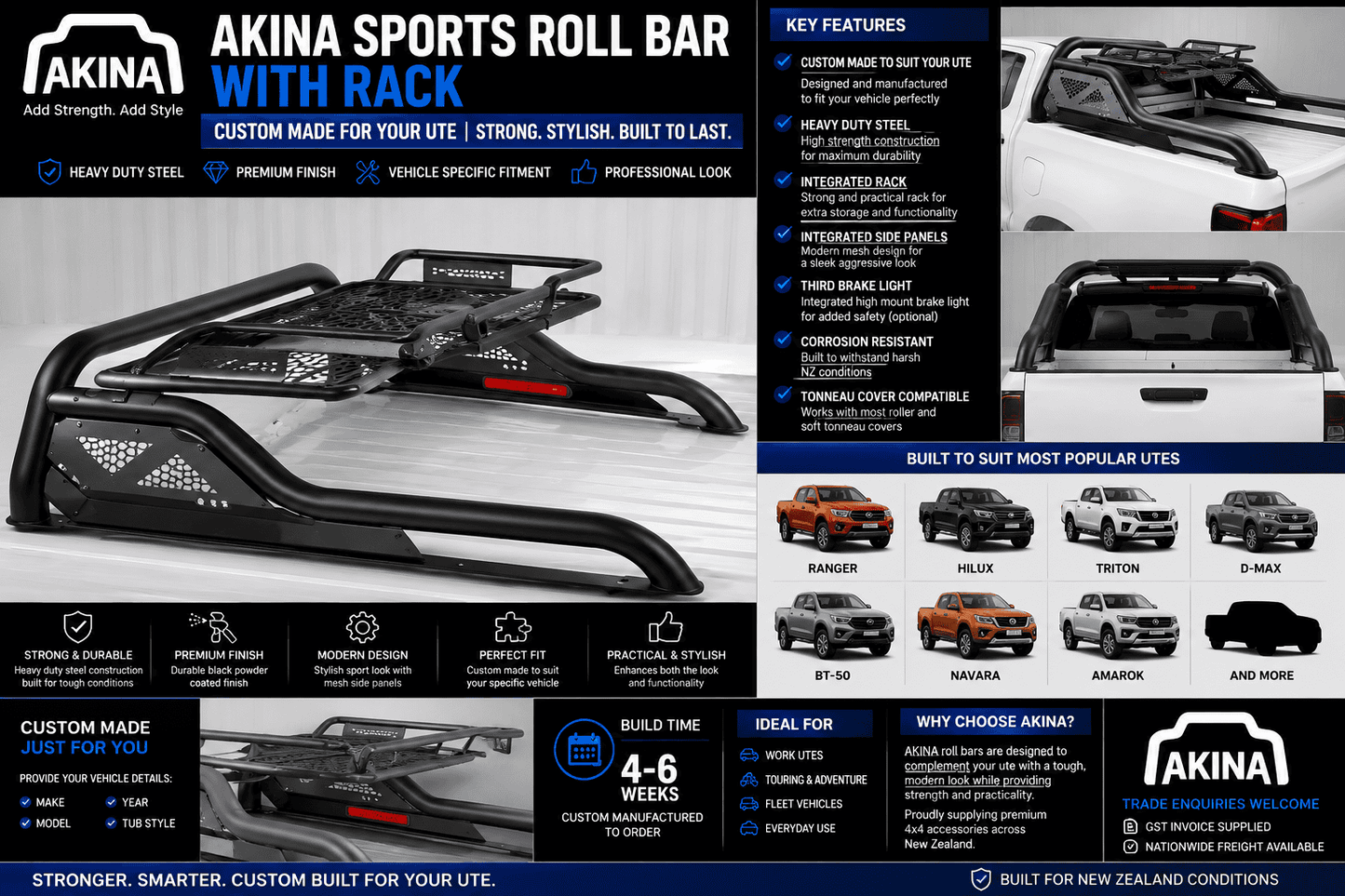 AKINA Sports Roll Bar With Rack | Custom Made For Your Ute | Ranger Hilux Triton D-Max