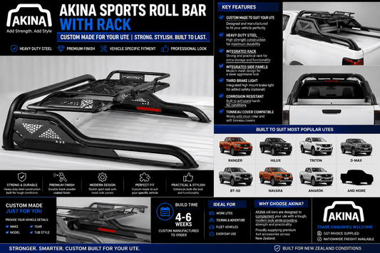AKINA Sports Roll Bar With Rack | Custom Made For Your Ute | Ranger Hilux Triton D-Max