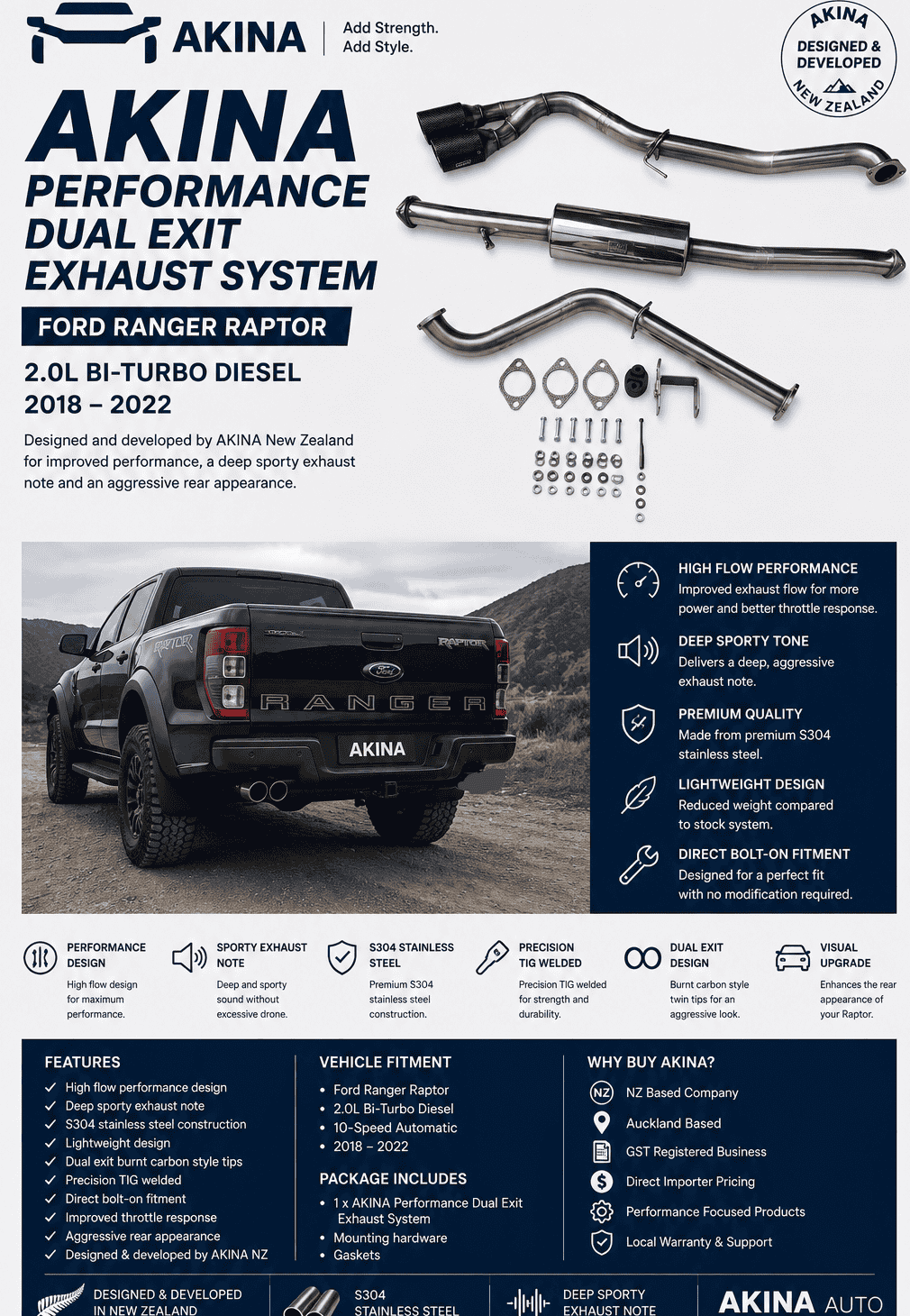 AKINA Performance Dual Exit Exhaust System for Ford Ranger Raptor 2.0 Bi-Turbo Diesel (2018–2022)