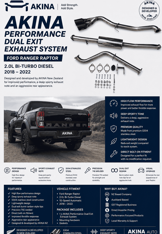 AKINA Performance Dual Exit Exhaust System for Ford Ranger Raptor 2.0 Bi-Turbo Diesel (2018–2022)