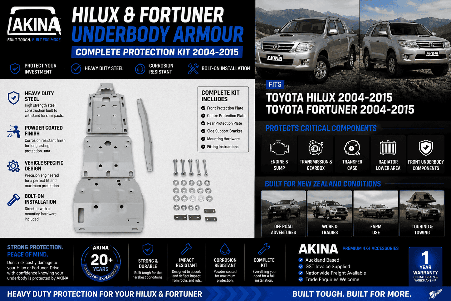 AKINA Heavy Duty Underbody Armour Kit Toyota Hilux N70 & Toyota Fortuner 2004-2015