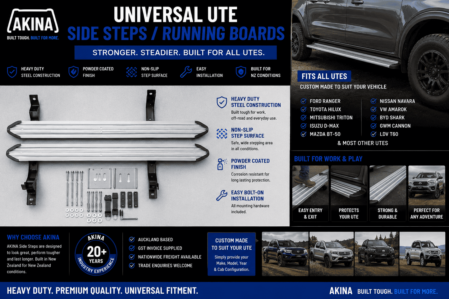 AKINA Heavy Duty Side Steps | Ranger Hilux Triton D-Max BT50 (Silver)