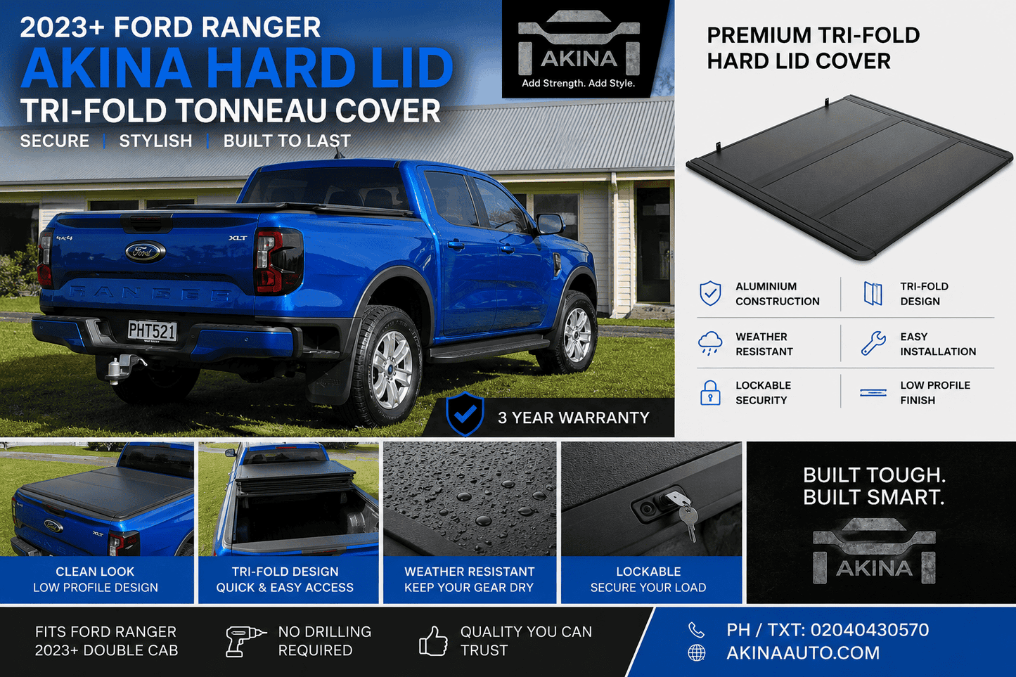 All Utes - Hard Lid Tri Fold Tonneau Cover | AKINA